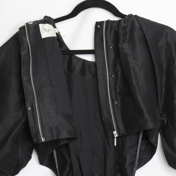 Aje Psychedelia Puff Sleeve Cut Out Mini Dress Tie Back Black Size Medium/8 - Picture 10 of 16